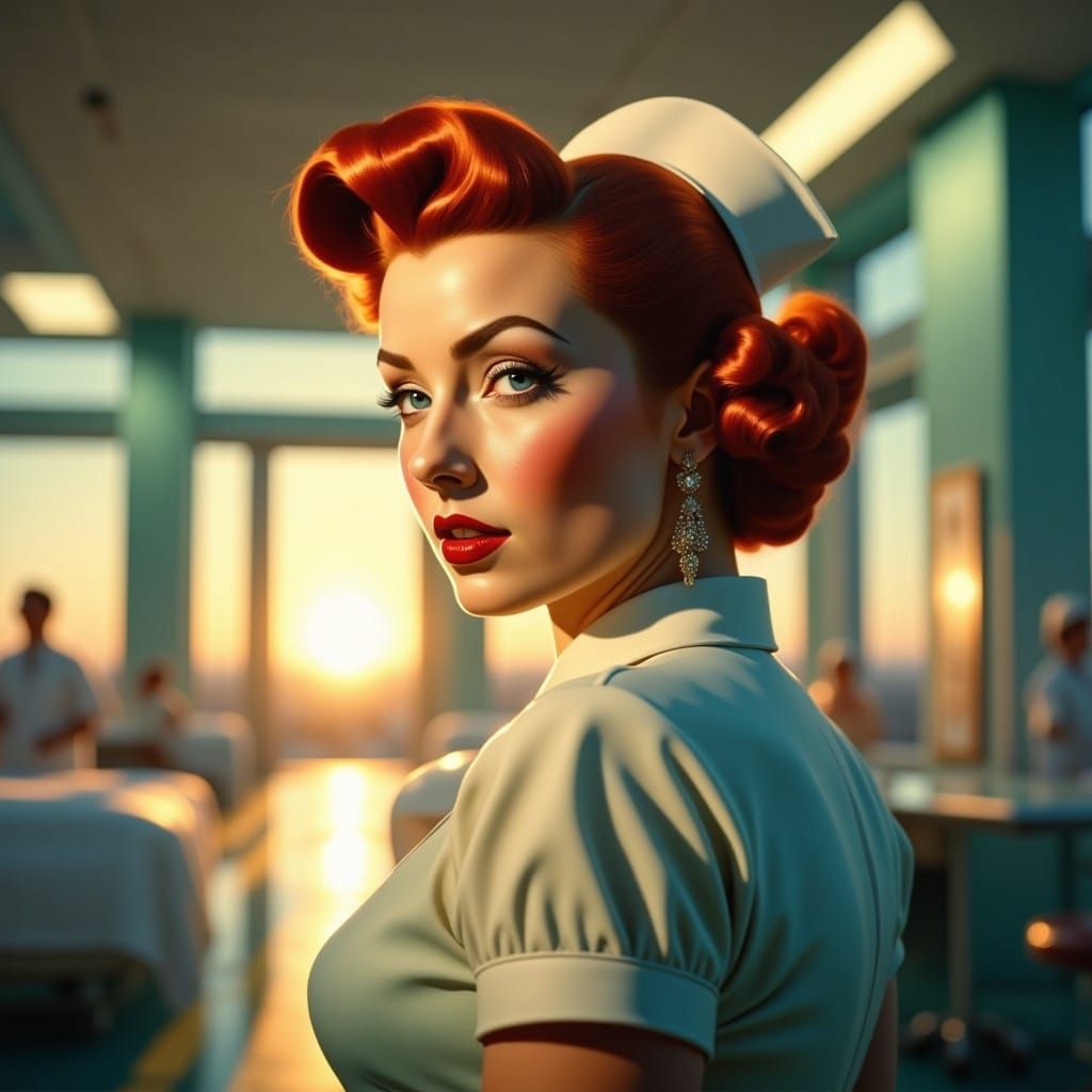 <lora:Pin-up flux:1.0>  A 1950s pinup nurse, red hair, hospital in the background, absurdres, soft god rays, foreground bokeh effect, intric...