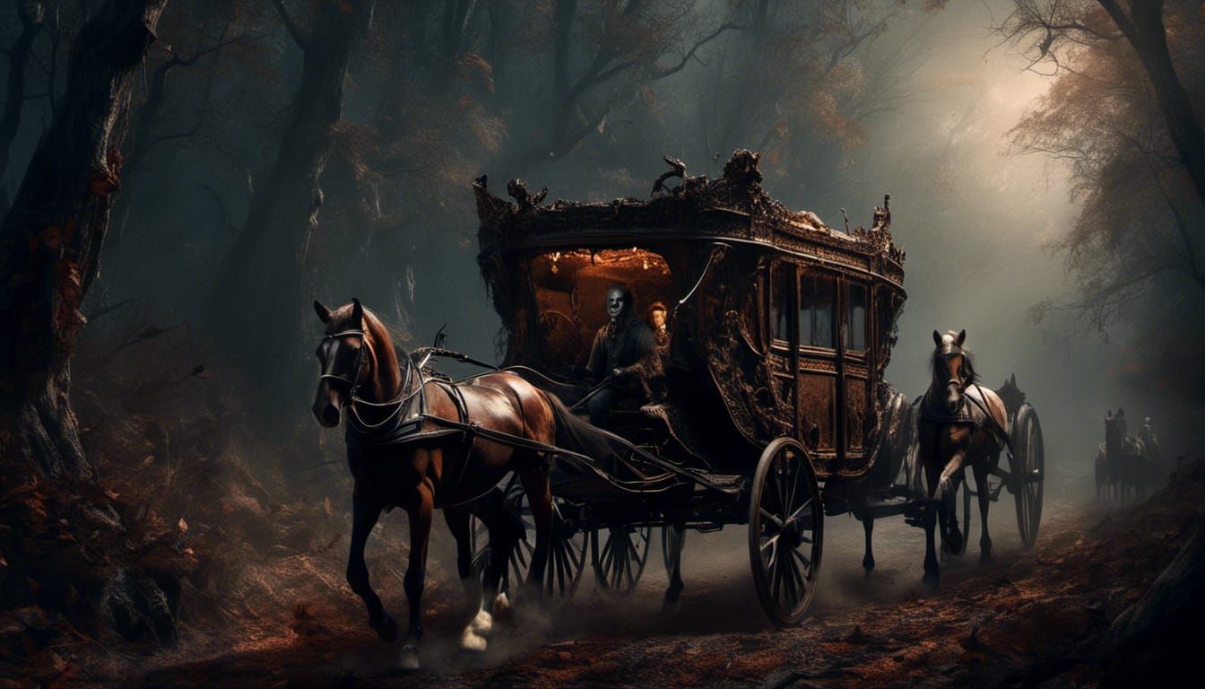 <lora:Macabre:1.0> a horse-drawn carriage rushes at night th...