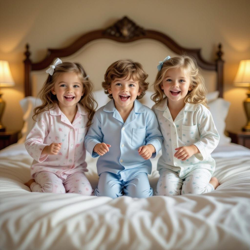 Children Joyfully Jumping on Luxurious Beds
