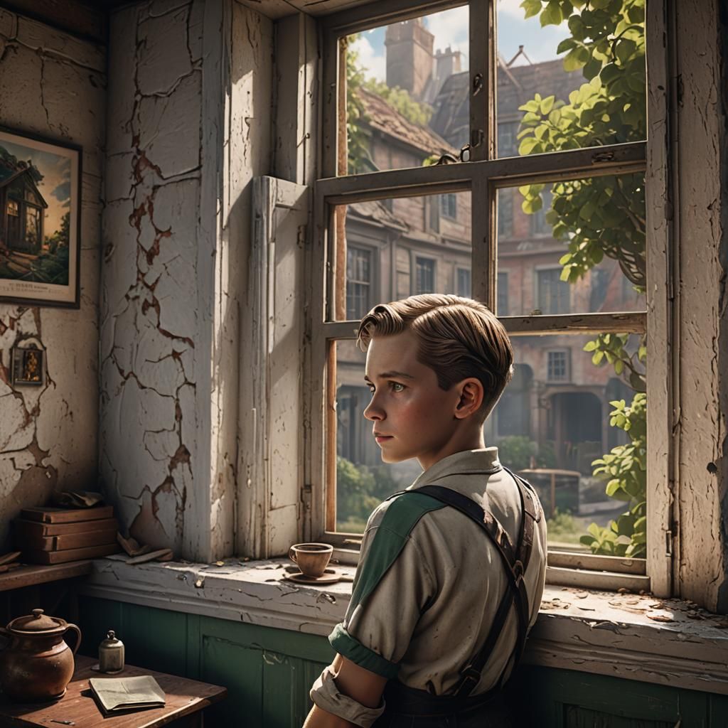 10 year old white boy in his 1940s house looking towards a w...