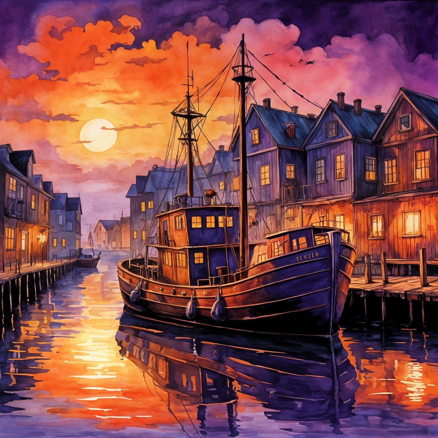 Fishing Trawler Under a Sunset Sky