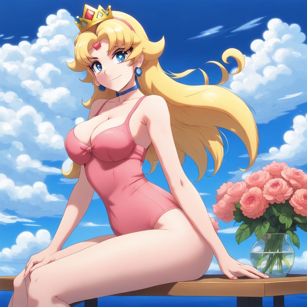 princess peach swimsuit anime style blue background with clouds