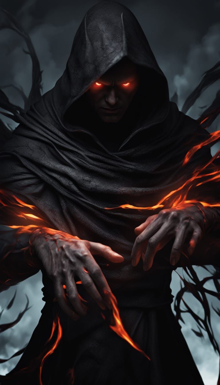 mysterious hooded dark sorcerer, obsidian cloak with tattered edges, glowing crimson eyes under deep hood, molten red energy veins pulsing a...