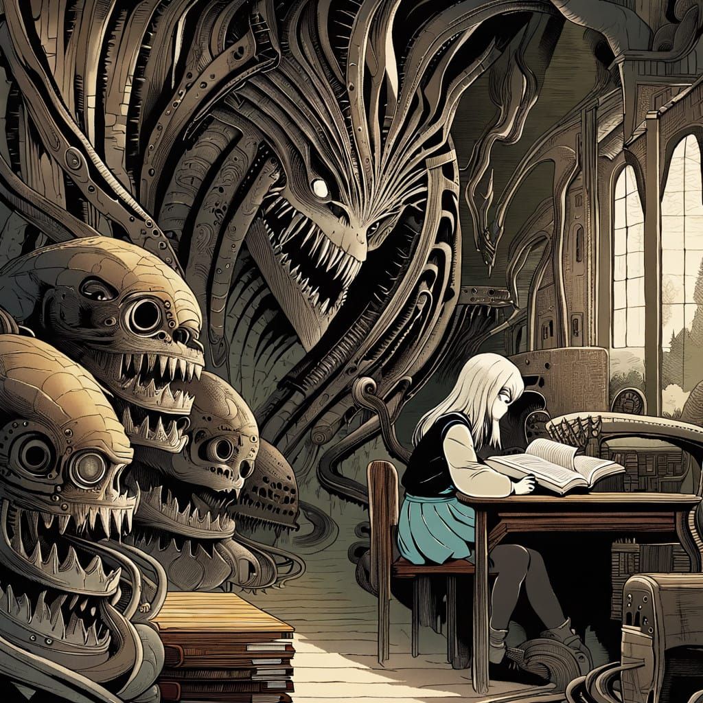 Serene Schoolgirl Surveys Whimsical Textbook in Pastel Parad...