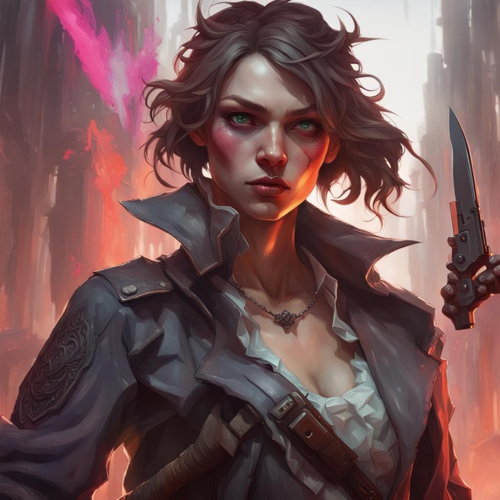 close up of an evil girl with a maniacal smirk holding a kni...