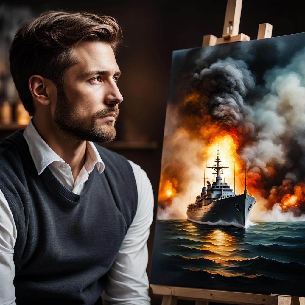 Navy Soldier Painting Warship in Art Studio as Impasto