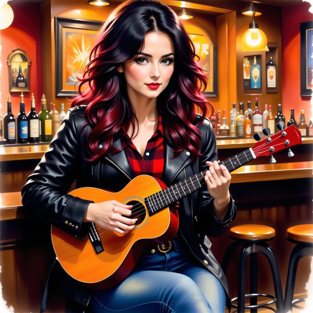 <lora:StarlightXLFlux:1.0> pretty woman,.messy hair, black and red wavy hair, red plaid shirt, large jeans, leather jackets, in bar playing ...
