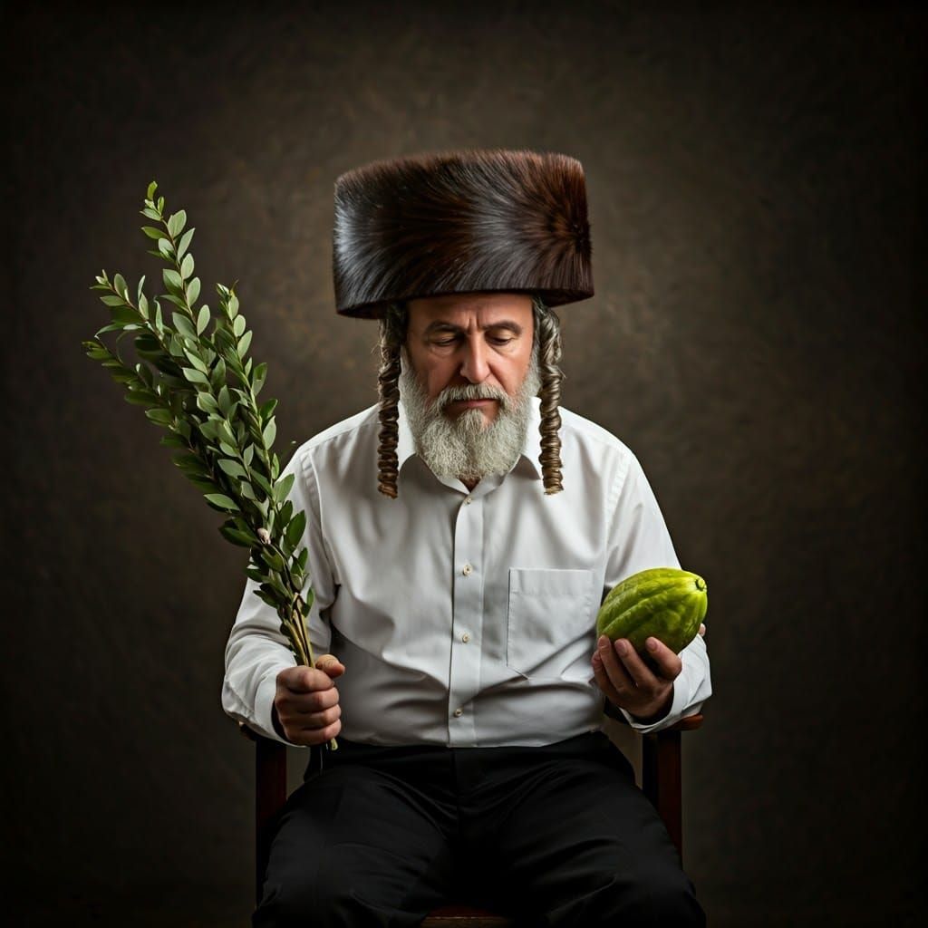 Contemplative Hasidic Man with Etrog and Lulav