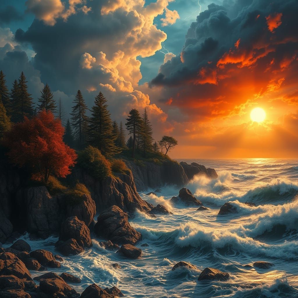 A dramatic coastal landscape with a turbulent ocean, crashing waves, and a rugged shoreline  by @Tasmaniac01
