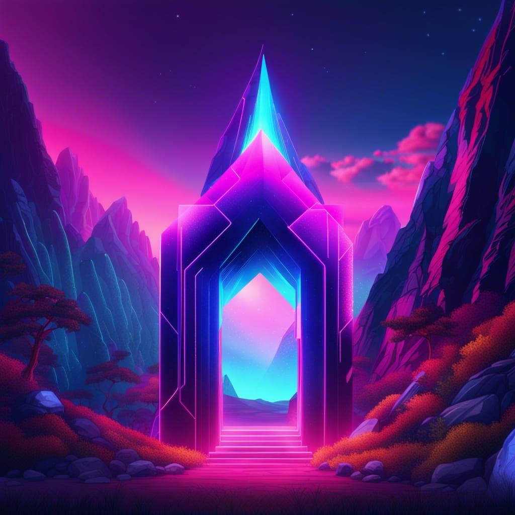 dim illuminated neon geometric portal next to a mountain ran...