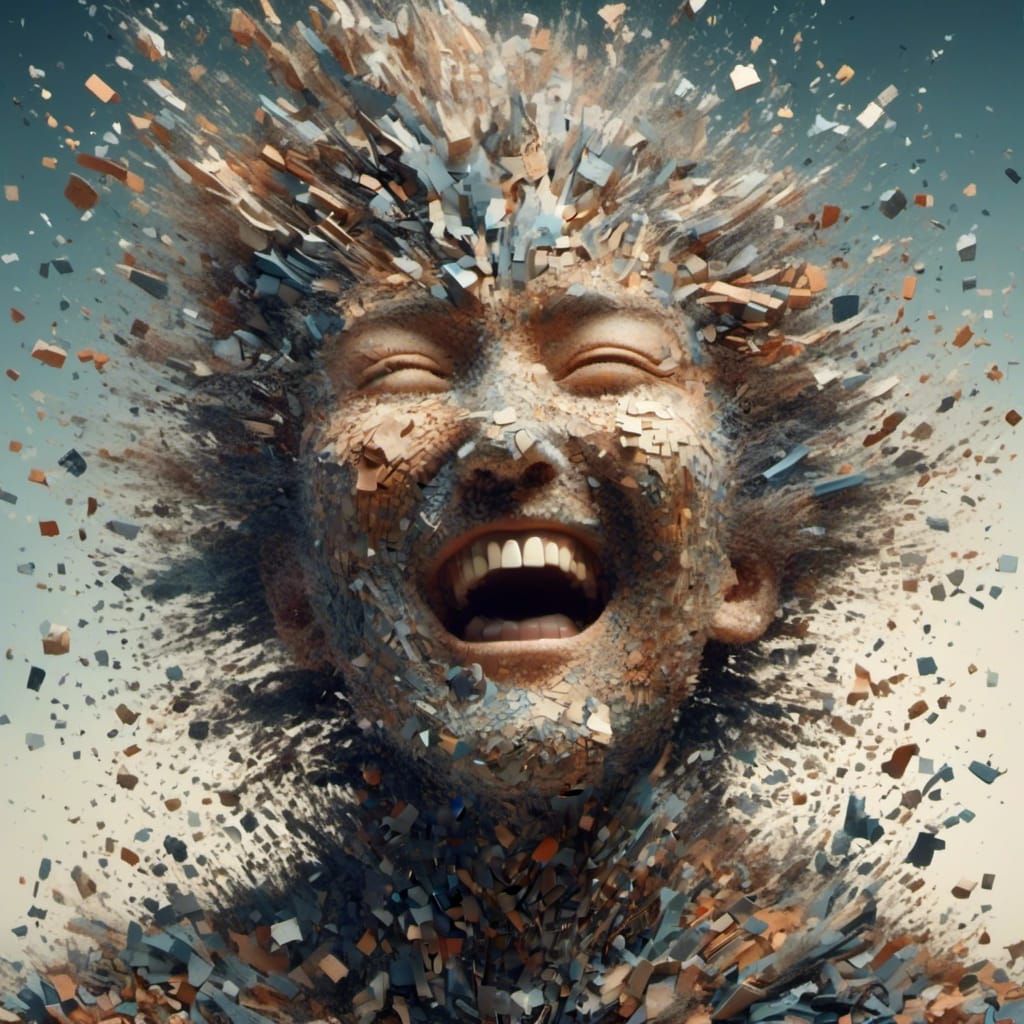 <lora:Cubist-Dust:1.0> laughing face turns to dust 