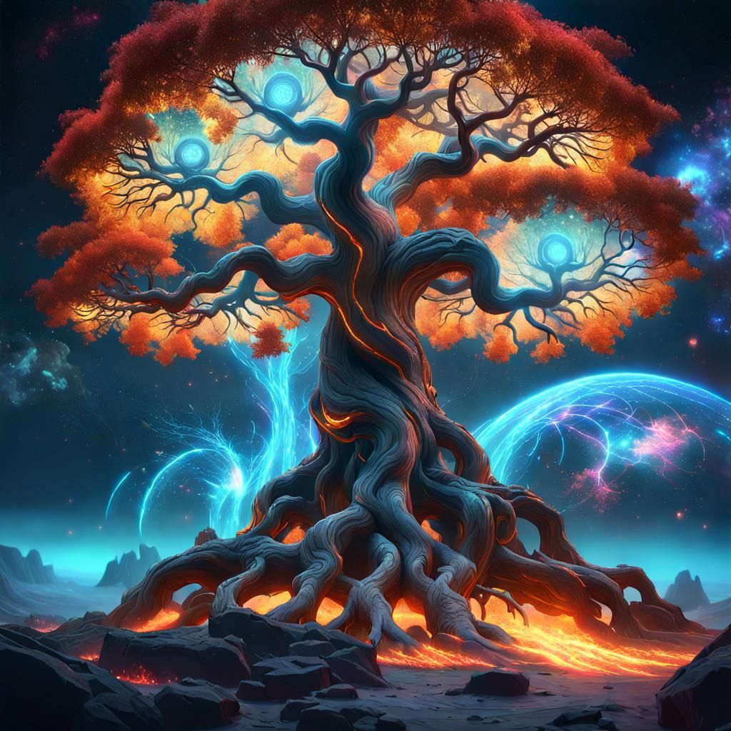 "Epic cosmic celestial Flaming tree in the middle of the uni...
