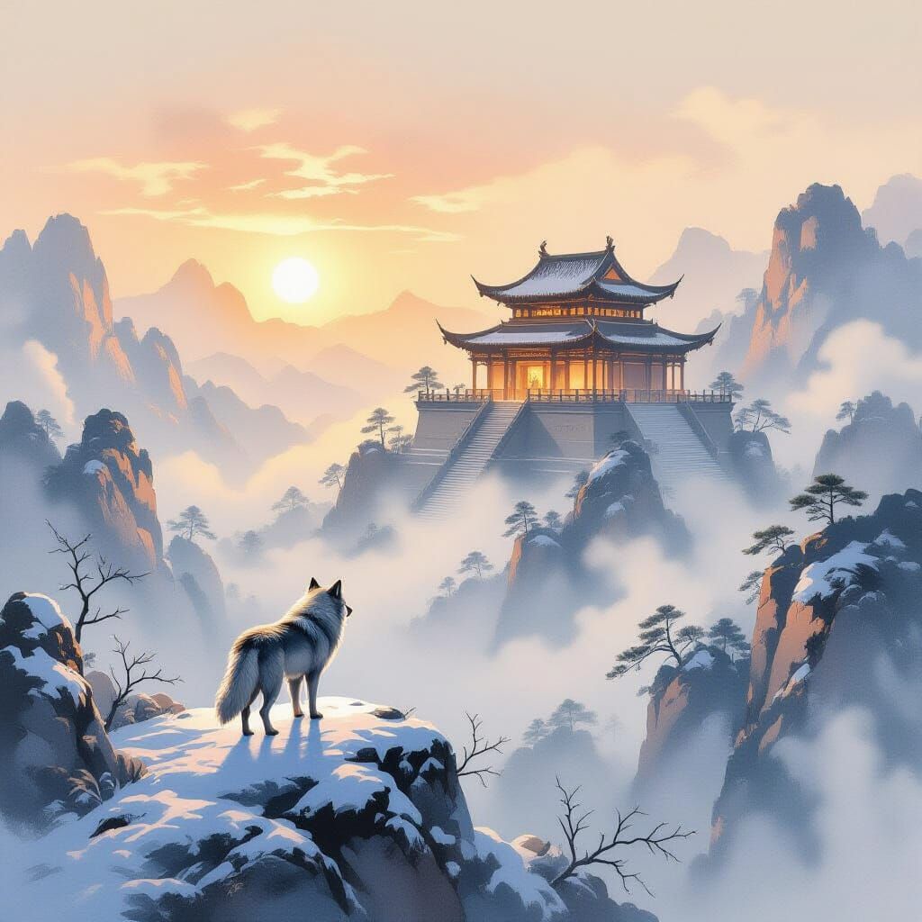 Chinese watercolor painting. Medium shot. A lone wolf stands on a snow-covered mountain peak, gazing ...  by @Cirmike
