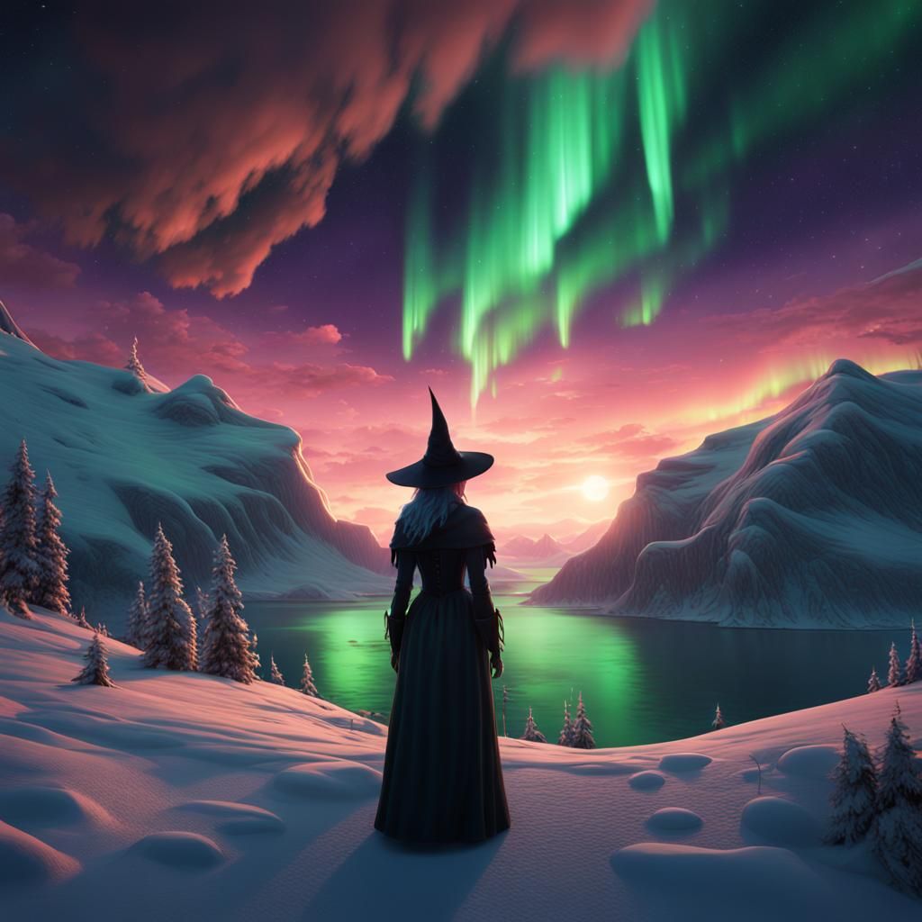 A witch watching the aurora borealis