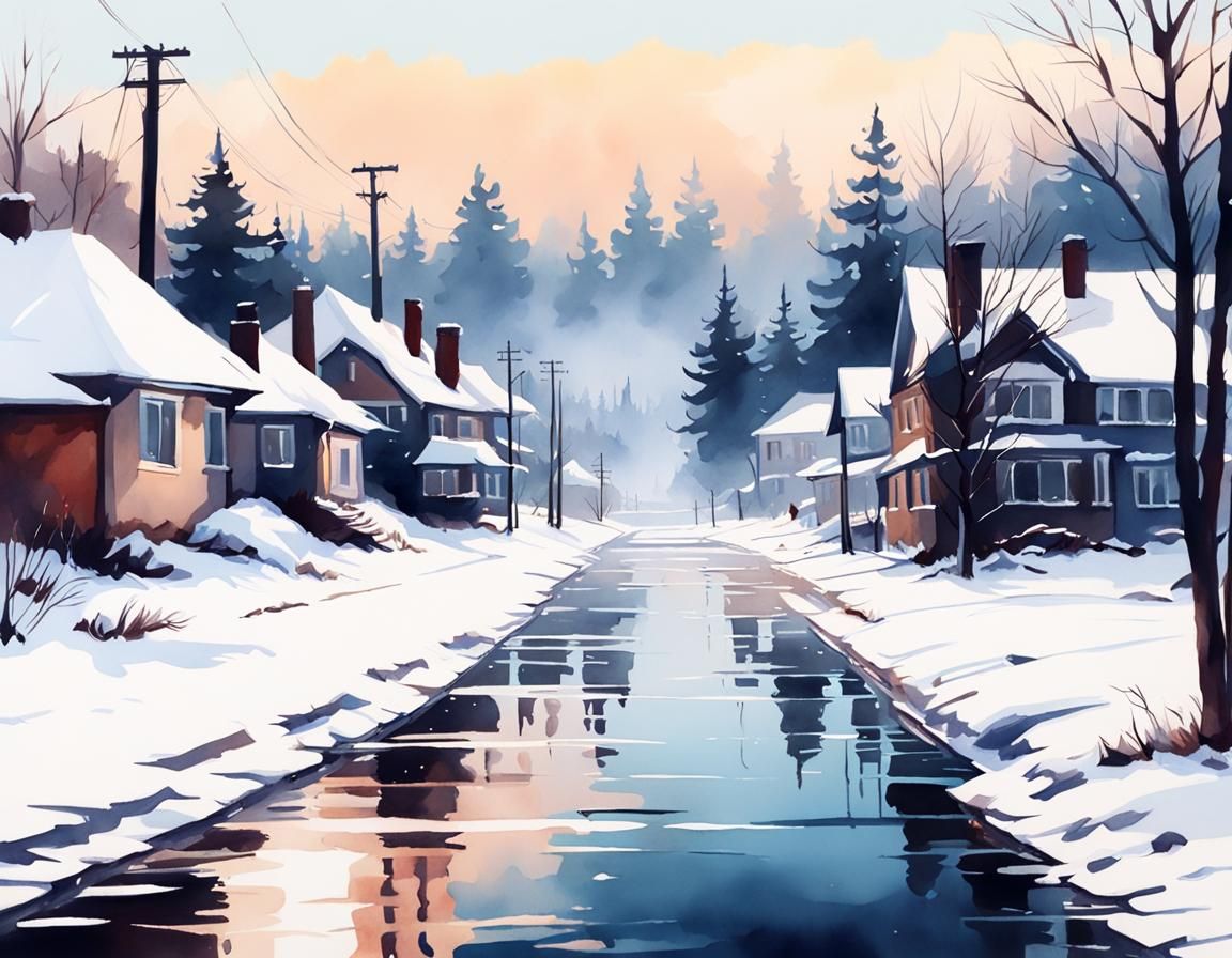 Winter Suburban Scene in Watercolor Style