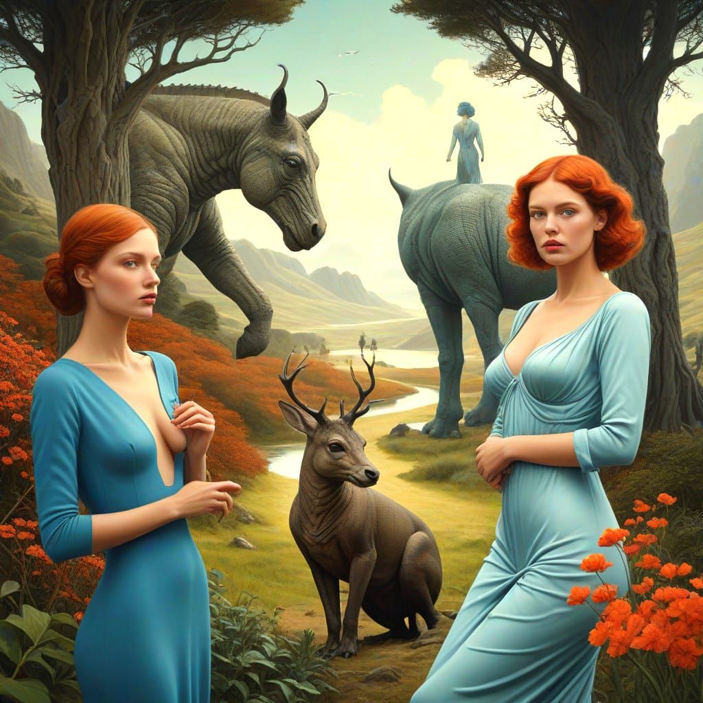 Surrealistic Lady Confronts Fantastic Creature in Vibrant La...