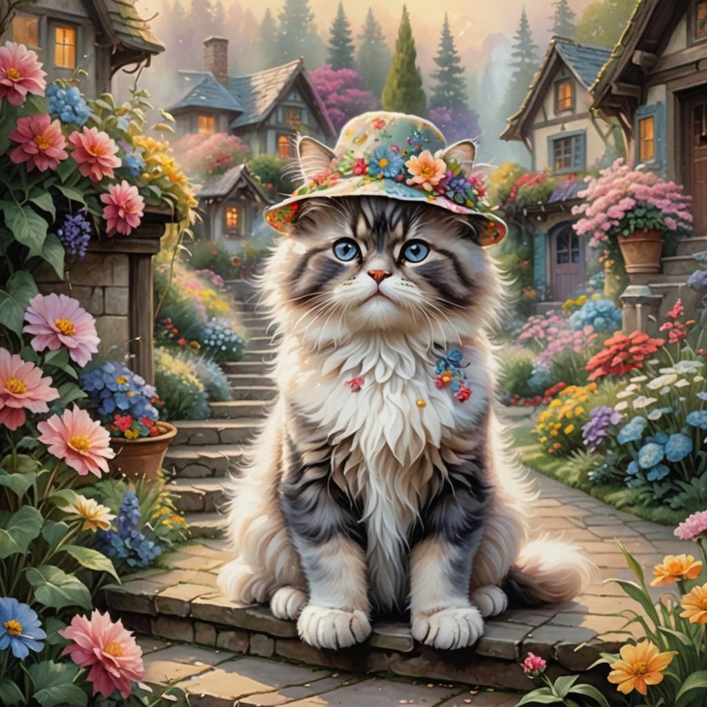 Cute Kitten with a Flowered Hat