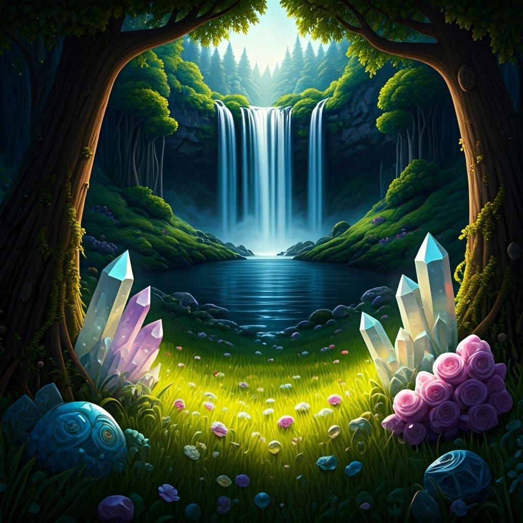 Crystals and Precious Gems in a Whimsical Waterfall Landscap...