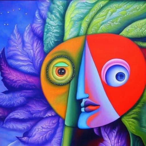 A colorful surreal fantasy painting of The Face of Inner Str...