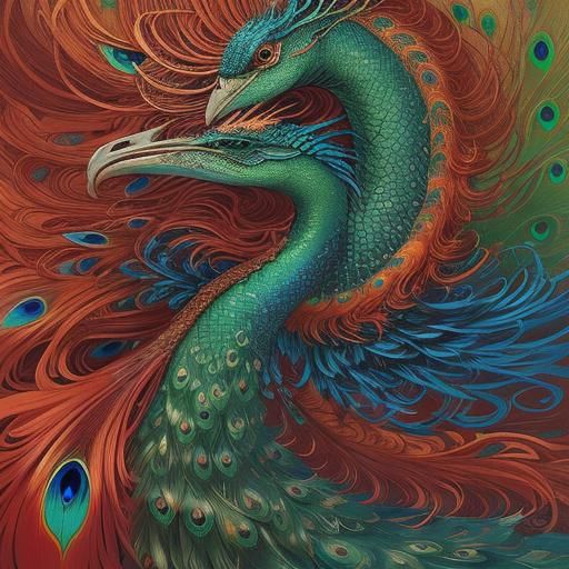 Beautiful dragon woman with dark brown skin, long red hair with blue