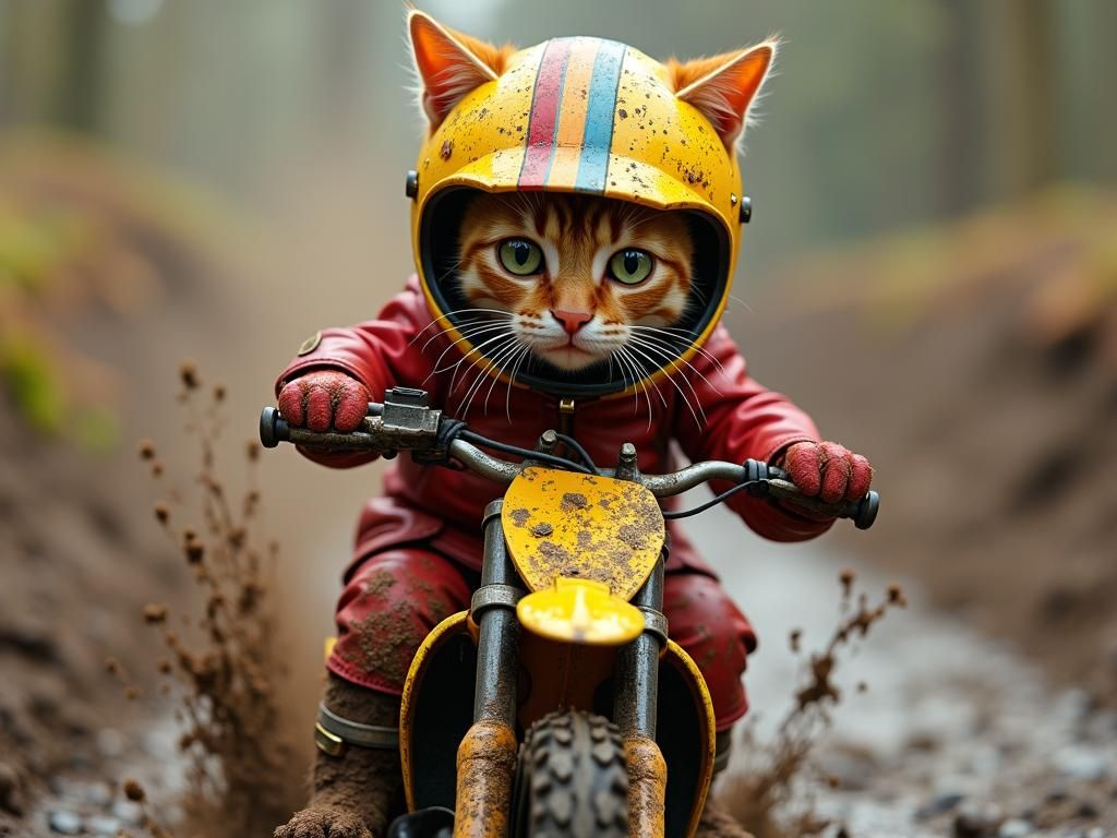 A highly realistic, tiny cute ginger tabby cat dressed in a red leather jacket, wearing a yellow crash helmet, riding on a yellow motocross...