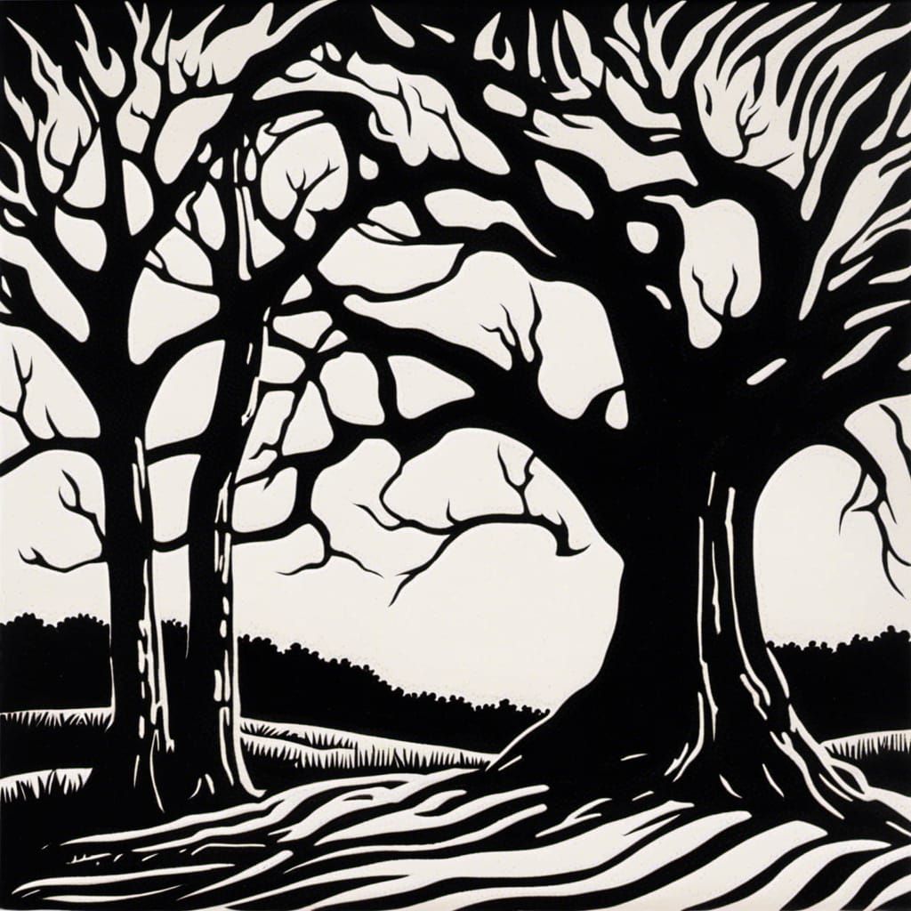 High Contrast Linocut of Old Tree and Moon