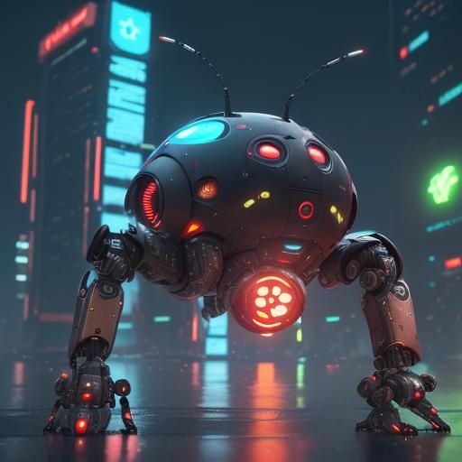 Robotic Ladybug flying over futuristic neon City. It is a rainy day ...