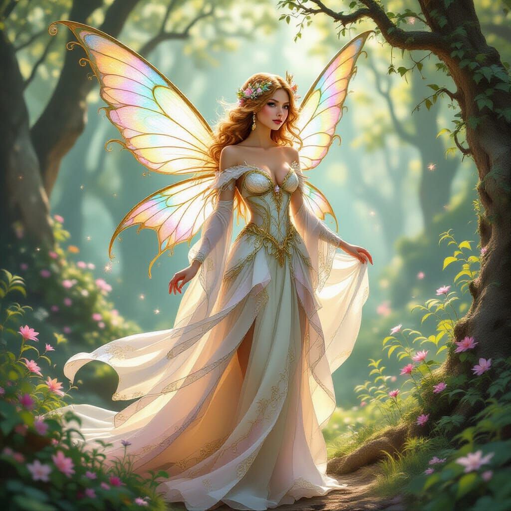 a beautiful fairy with a golden and pastel color autfit  by @Charlie Desroches