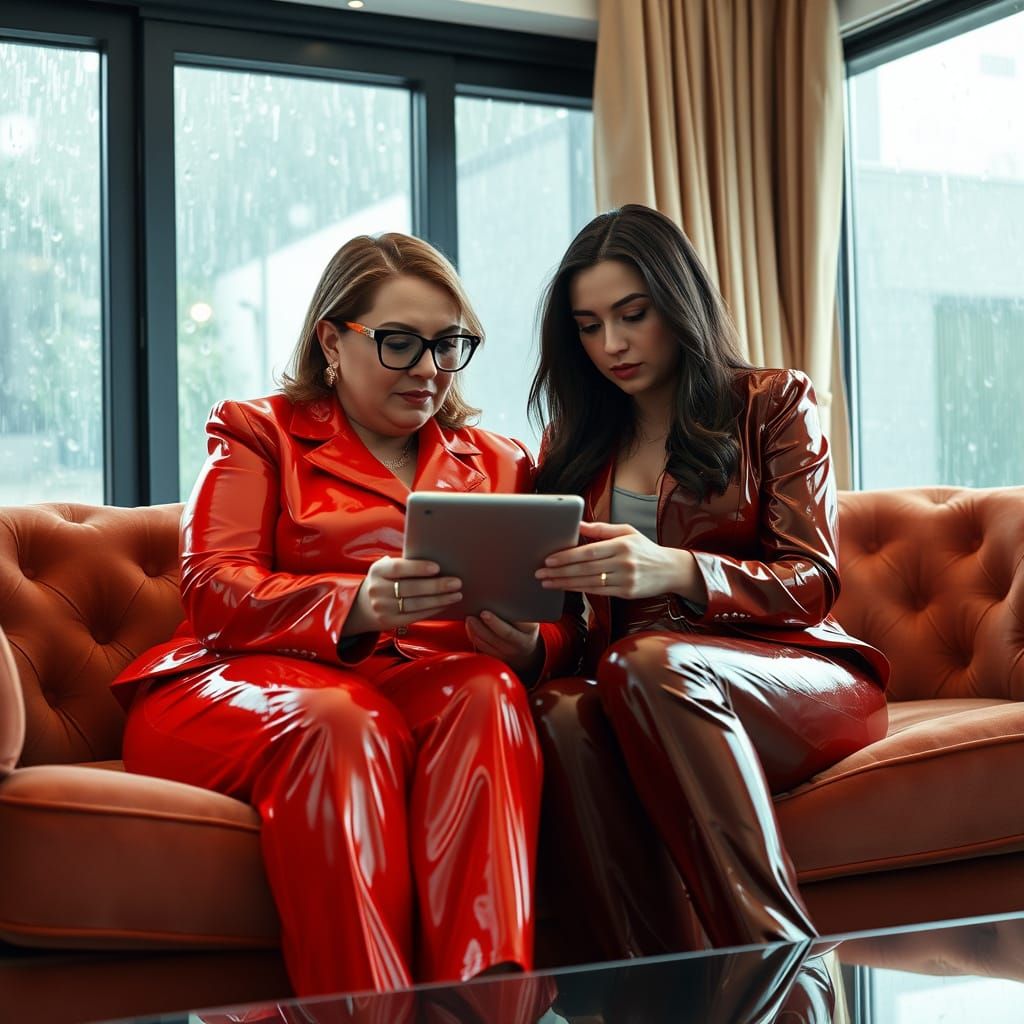Women in Latex Suits Relax in a Modern Living Room