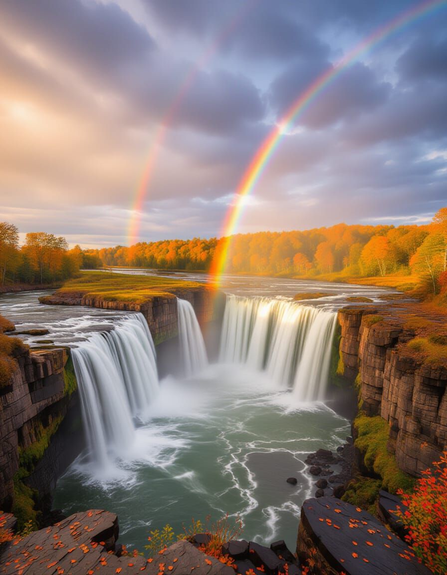 Waterfall in autumn with two rainbows