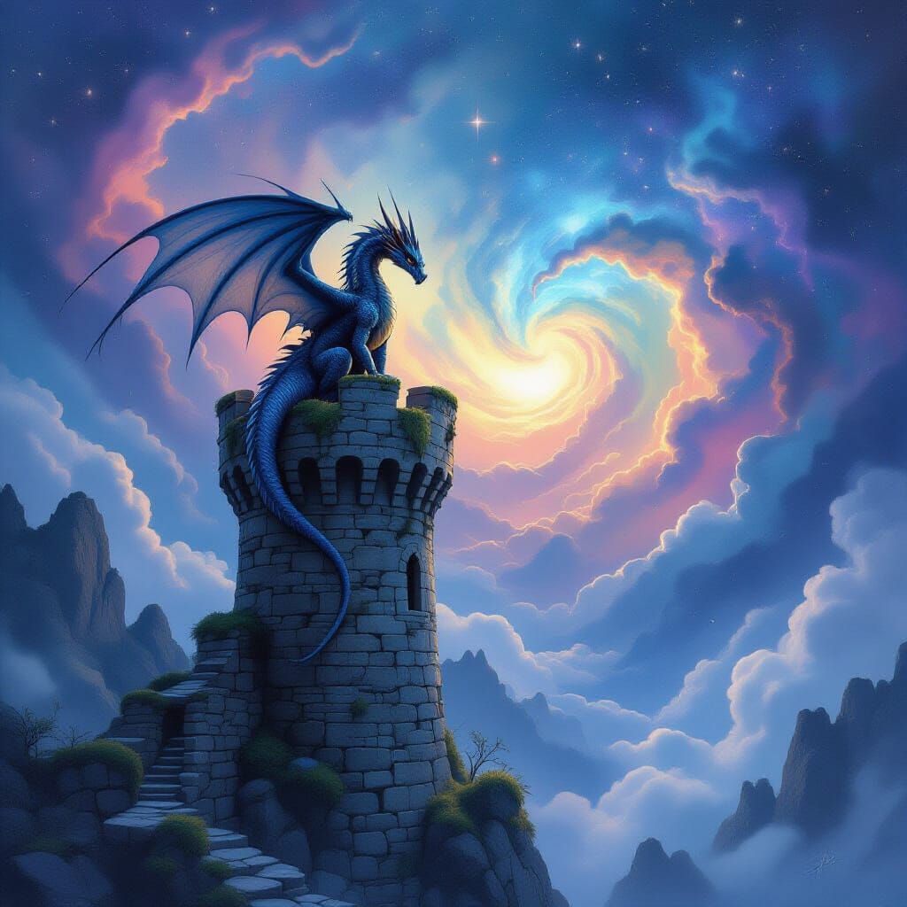 A lone, ancient dragon perched atop a crumbling, moss-covered stone tower, gazing out at a vast, swirling nebula. The scene is bathed in the...