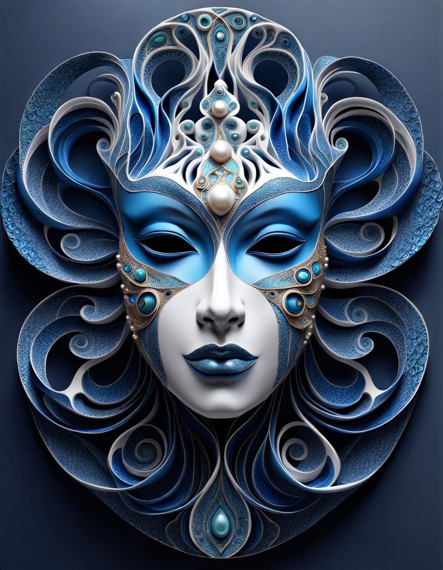 Beautifully intricate fractal ceramic mask of a beautiful inhuman woman ...