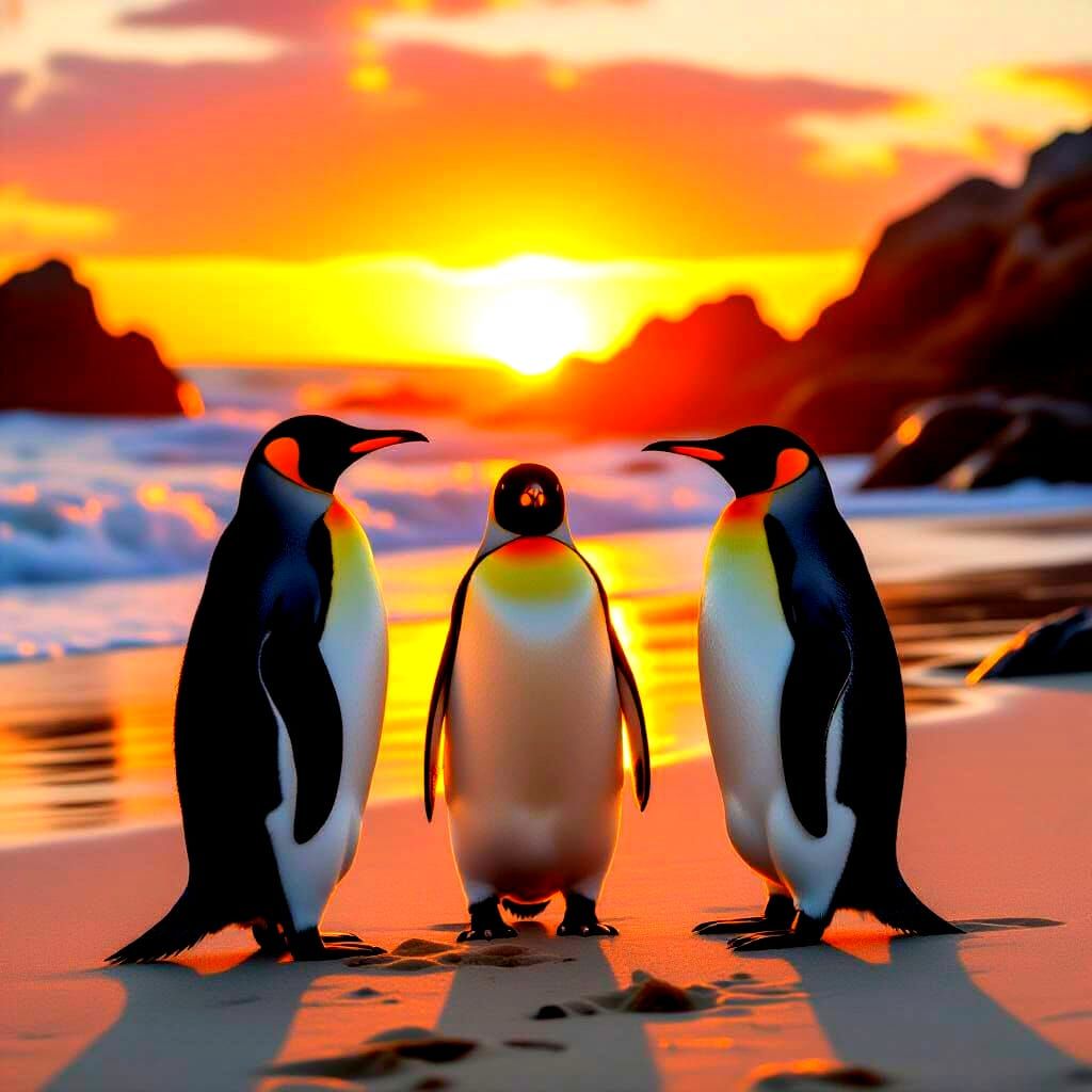 Penguins on a Beach at Sunset