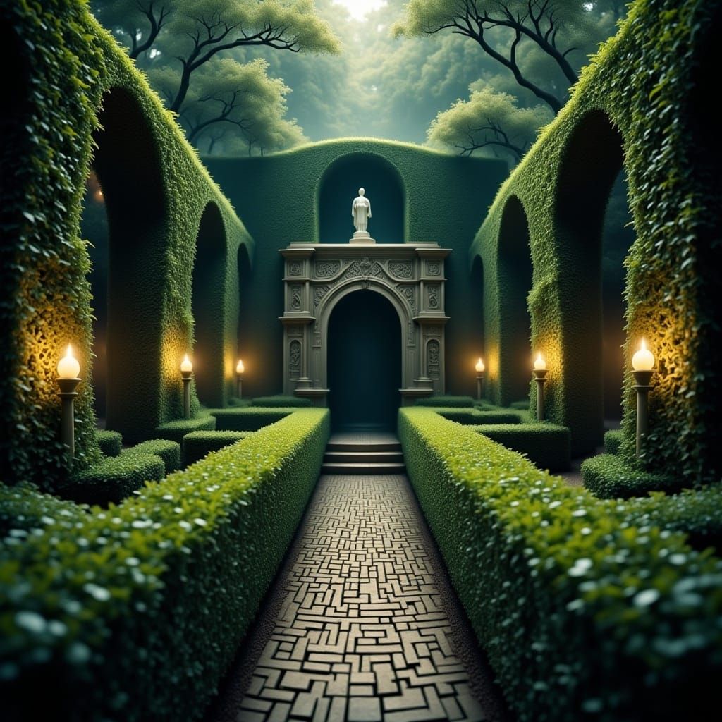 <lora:Flux Maze:1.0> ivy covered stone maze