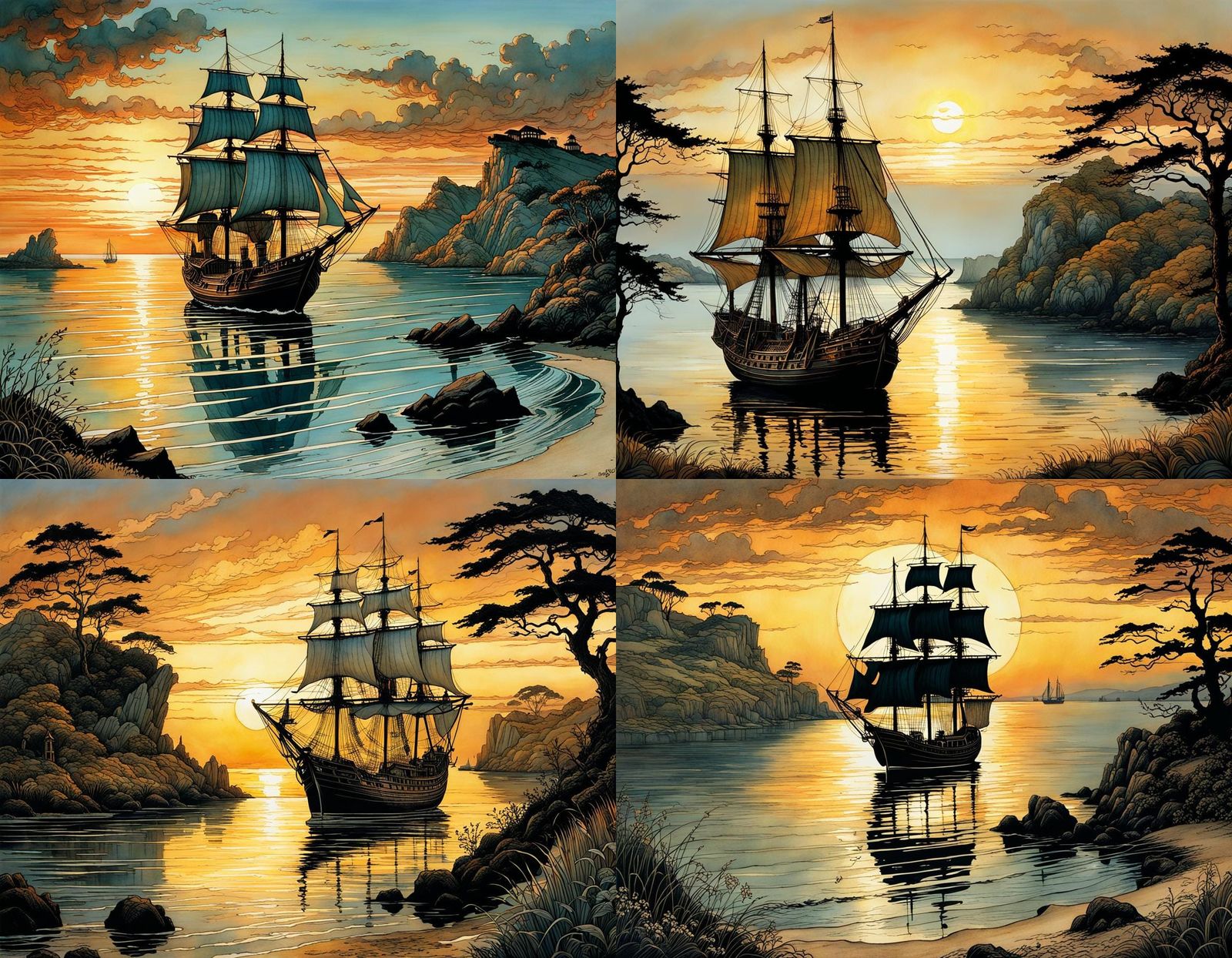 Sunset over a lovely bay with a sailing ship, by Amy Brown and Arthur Rackham, very expressive, meticulous, intricate, e...
