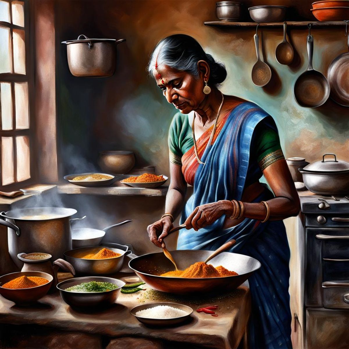 An Indian woman cooking in her kitchen - AI Generated Artwork ...