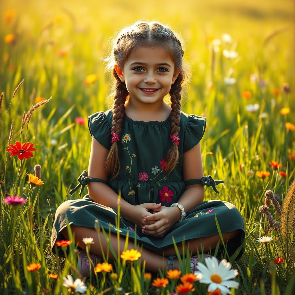 Young Girl in Lush Field of Wildflowers