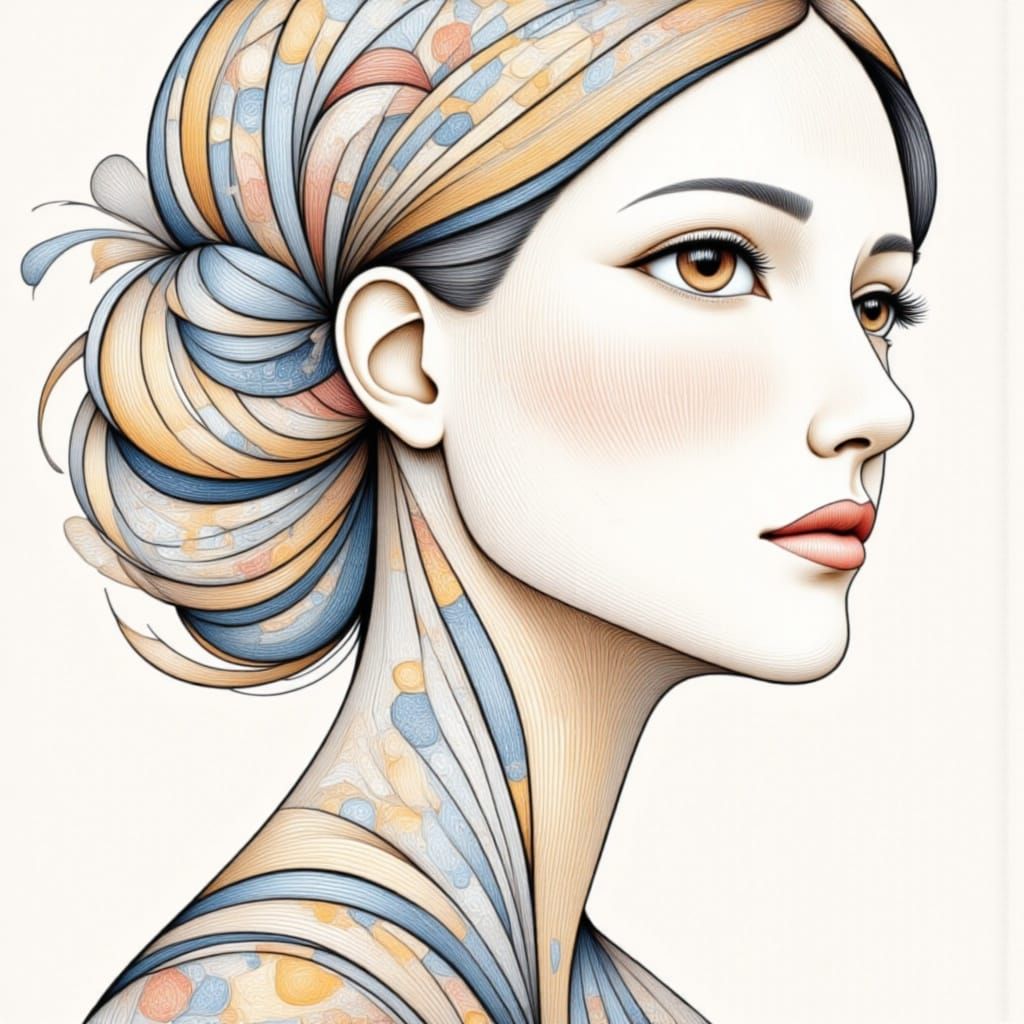 A continuous line drawing of a contemplative woman, her profile softened by geometric curves and abstract shapes. Minimalist black ink on wh...