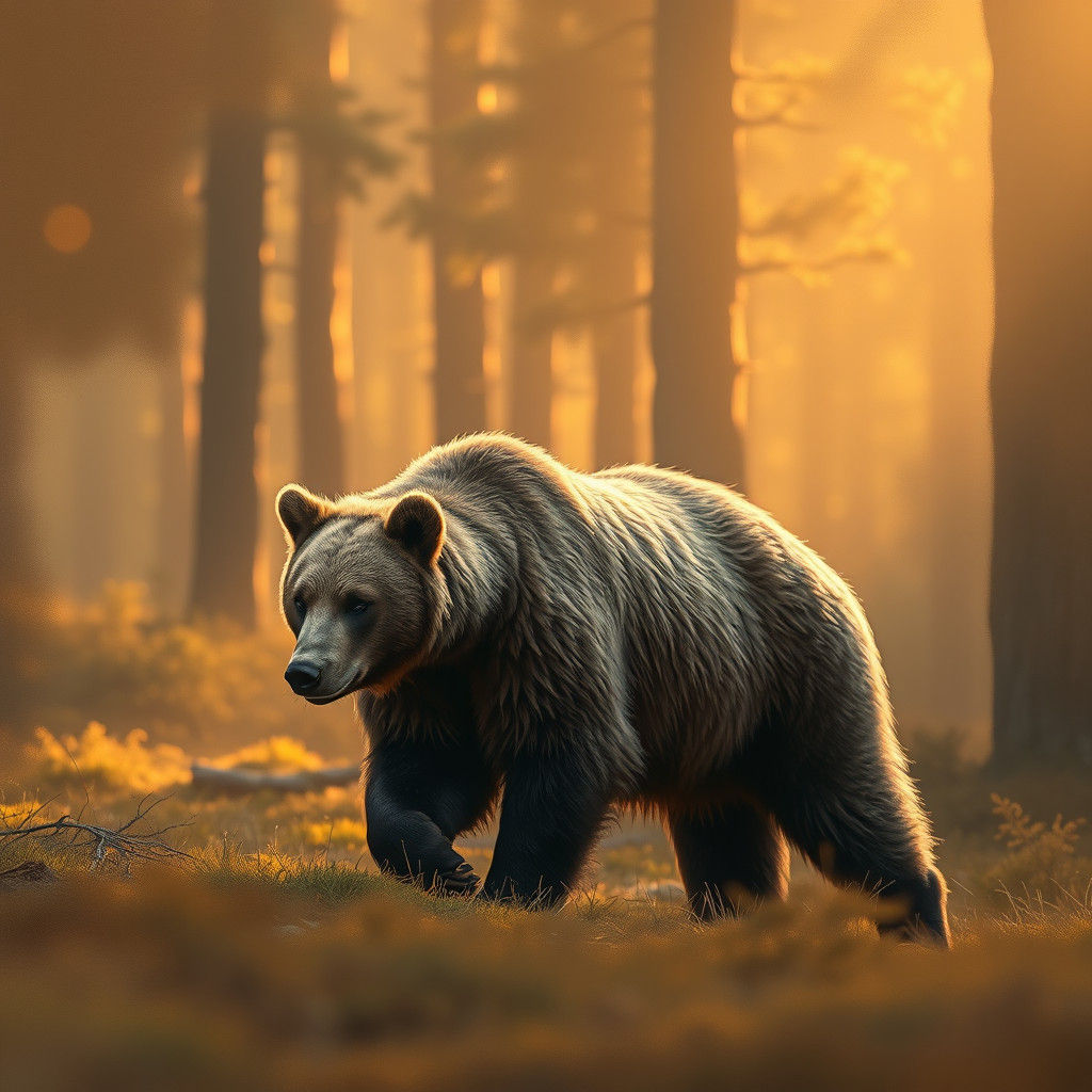 Photorealistic wildlife image. Medium shot. A brown bear wal...