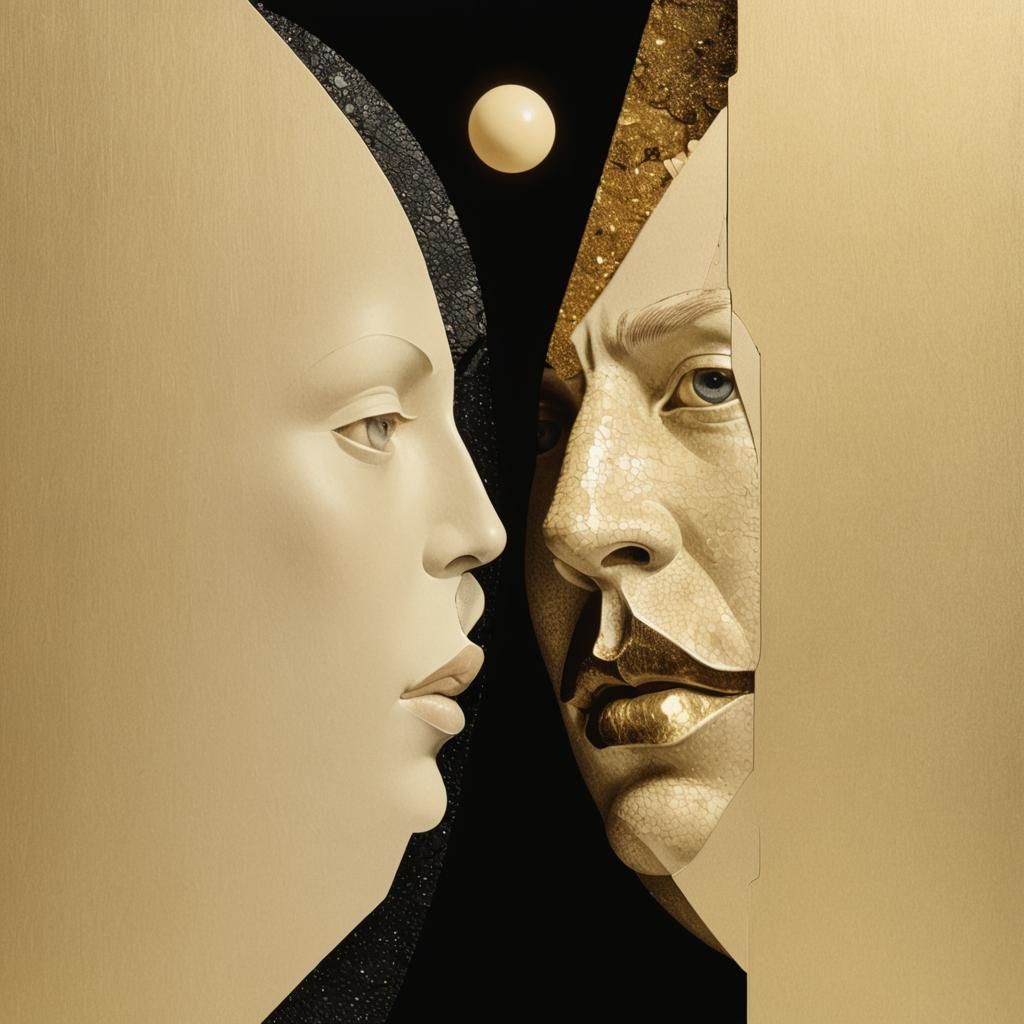 Geometrical faces made of sticks covered in clay.

Tamara de Lempicka inspired art nouveau. Medium shot of a man's face. One half of his fac...