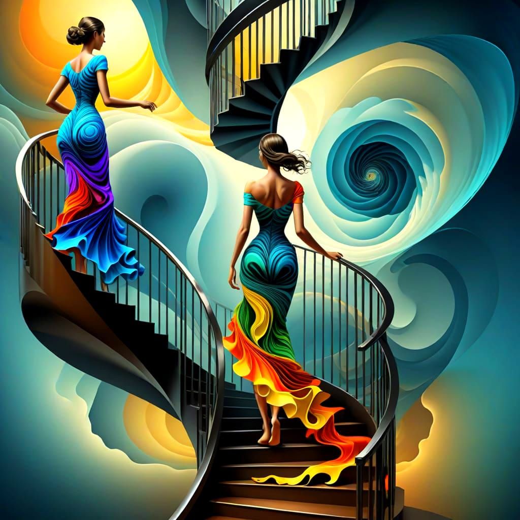 Surreal Ladies Ascend Spiral Stairways into Infinity