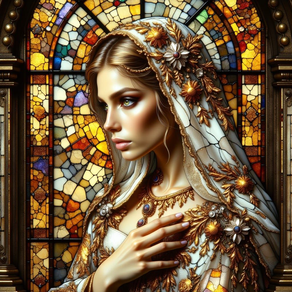 Sideview A religious statue  figure in white robe created into a large Chapel window, the sunlight showing ...  by @Donna R Lewis