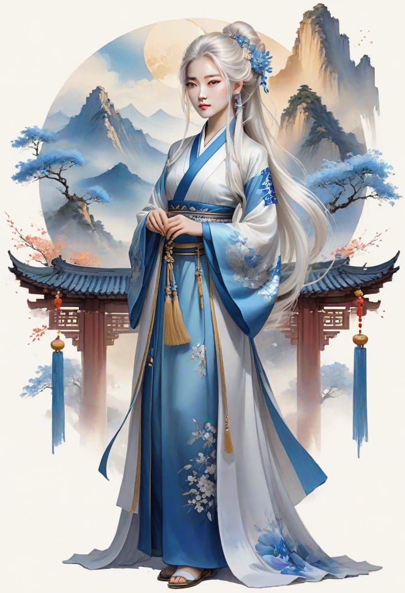 Chinese Fantasy Girl in Ink Painting Style