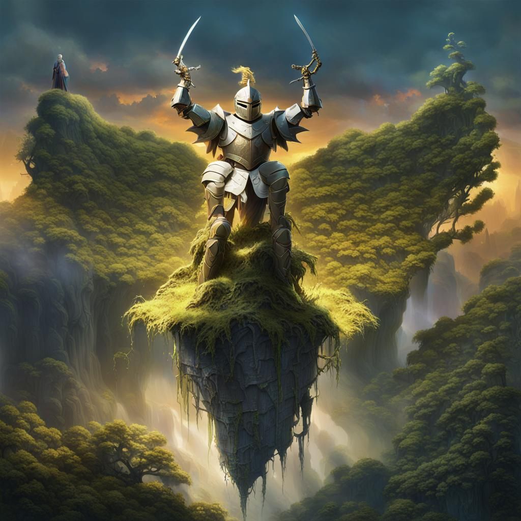 Ethereal Knight in Majestic Mystical Forest at Golden Hour