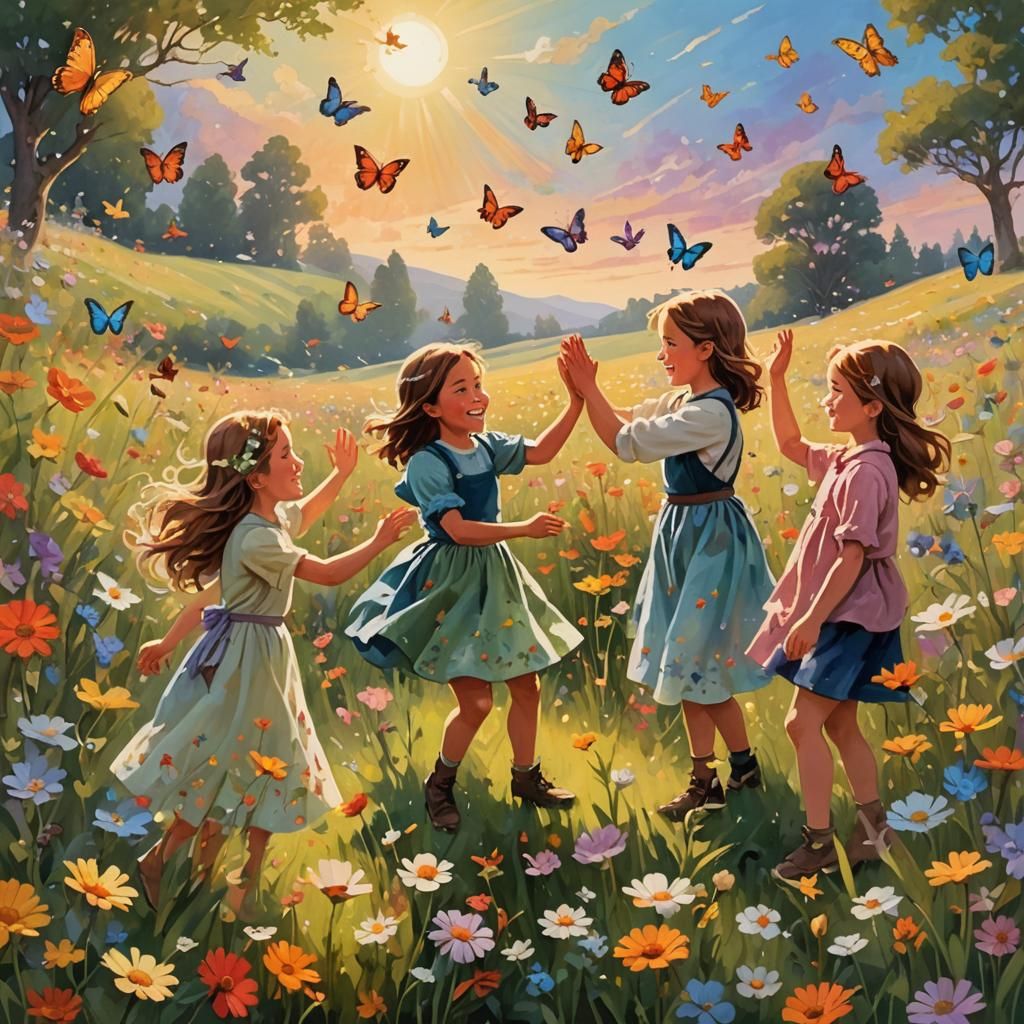 Depict a charming tableau of children exchanging high fives amidst a serene meadow, bathed in a dreamlike ...  by @Exo1124