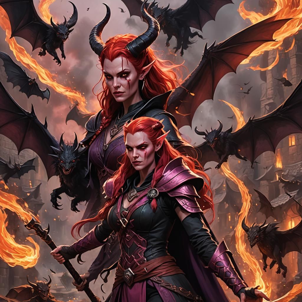 A light to dark red skinned tiefling with large draconic bat...
