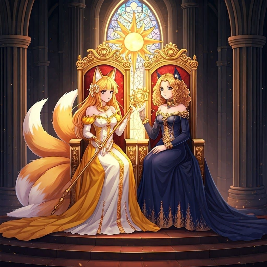 Anime Fox Girl and Moon Princesses on Thrones