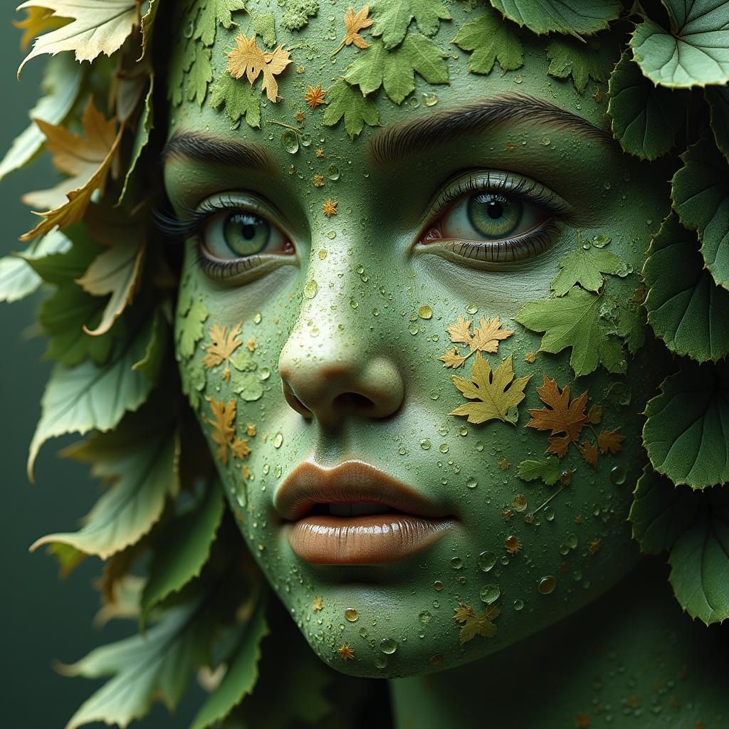 Leaf Face Portrait with Hyperrealistic Detail