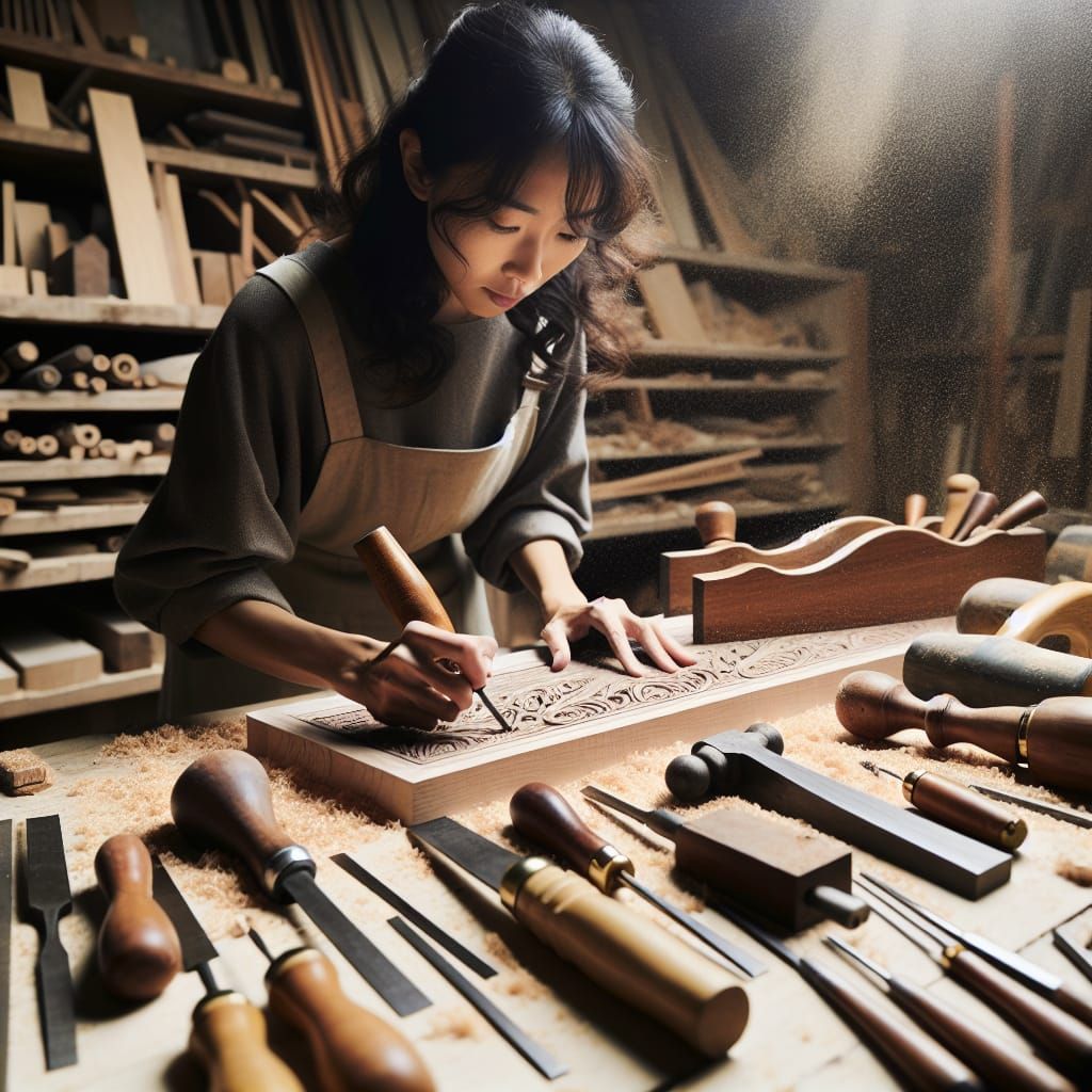 a carpenter carefully carving out detailed designs on a wooden dining room table in their workshop  by @KRoseCarol