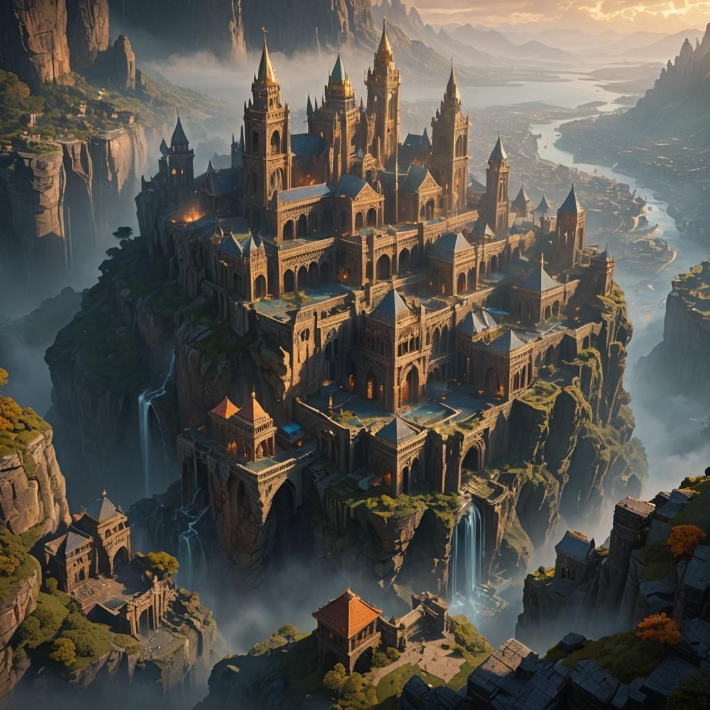 Mystical Cliffside City in Golden Light